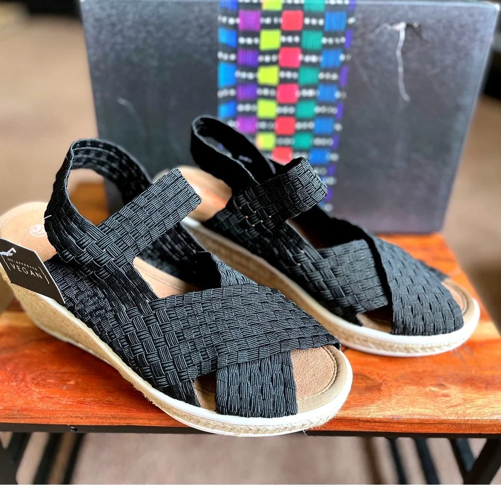 Bernie Mev Espa Buttercup Black Woven Elastic Espadrille Wedge Sandals Size 37/6